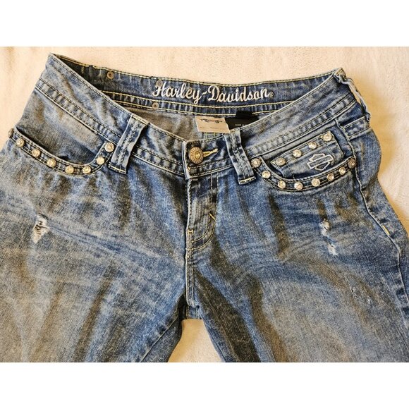Harley-Davidson Women’s Tapered Jeans Embroidered Rhinestone 28W Sz:6 Y2K - Picture 2 of 16